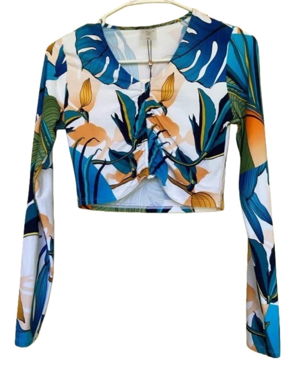 Calia NWT Floral Ruched Long-Sleeve Crop Swim Botanical Top